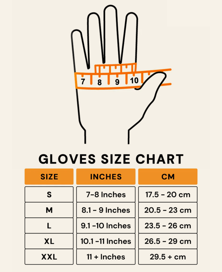 Leather Gloves size chart with hand illustration and measurement guide on a beige background
