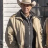 Yellowstone John Dutton Beige Cotton Jacket wearing a beige cowboy hat..