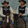 Yellowstone TV Series Two men in livestock agent vests sitting on horses in a field.