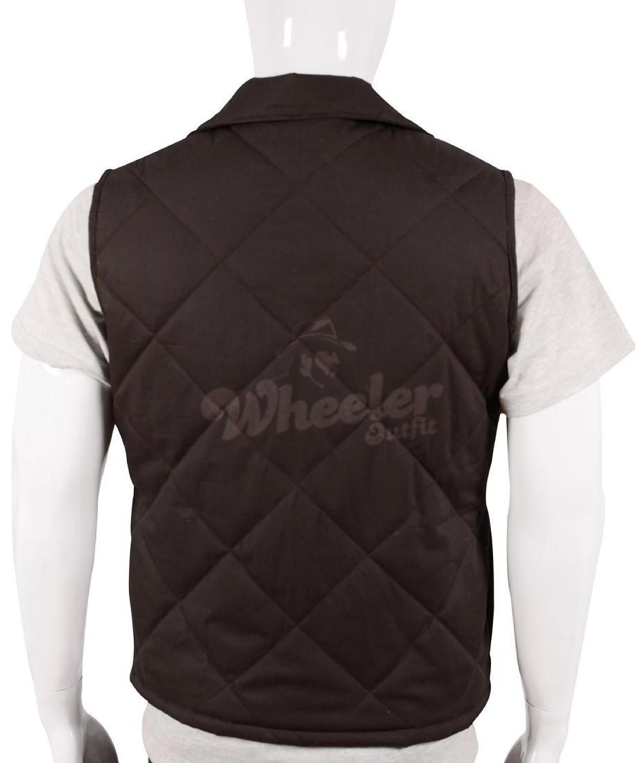 Brown quilted vest with 'Wheeler' branding