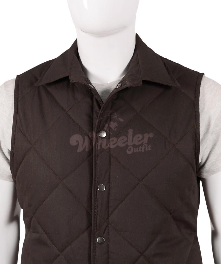 Brown quilted vest with 'Wheeler Outfit' logo on a mannequin against a white background