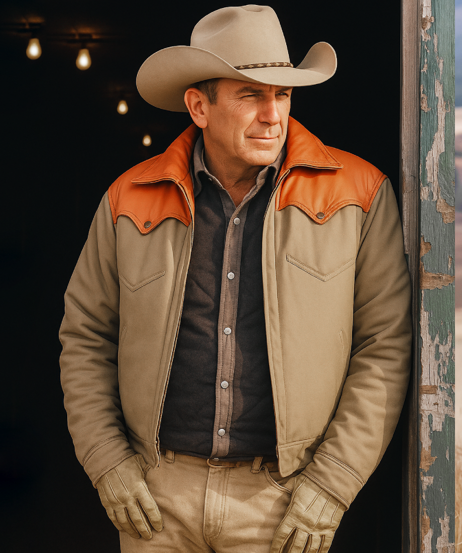 John Dutton wear a Two-tone western jacket with orange upper half and beige lower half cotton jacket Handsome look.