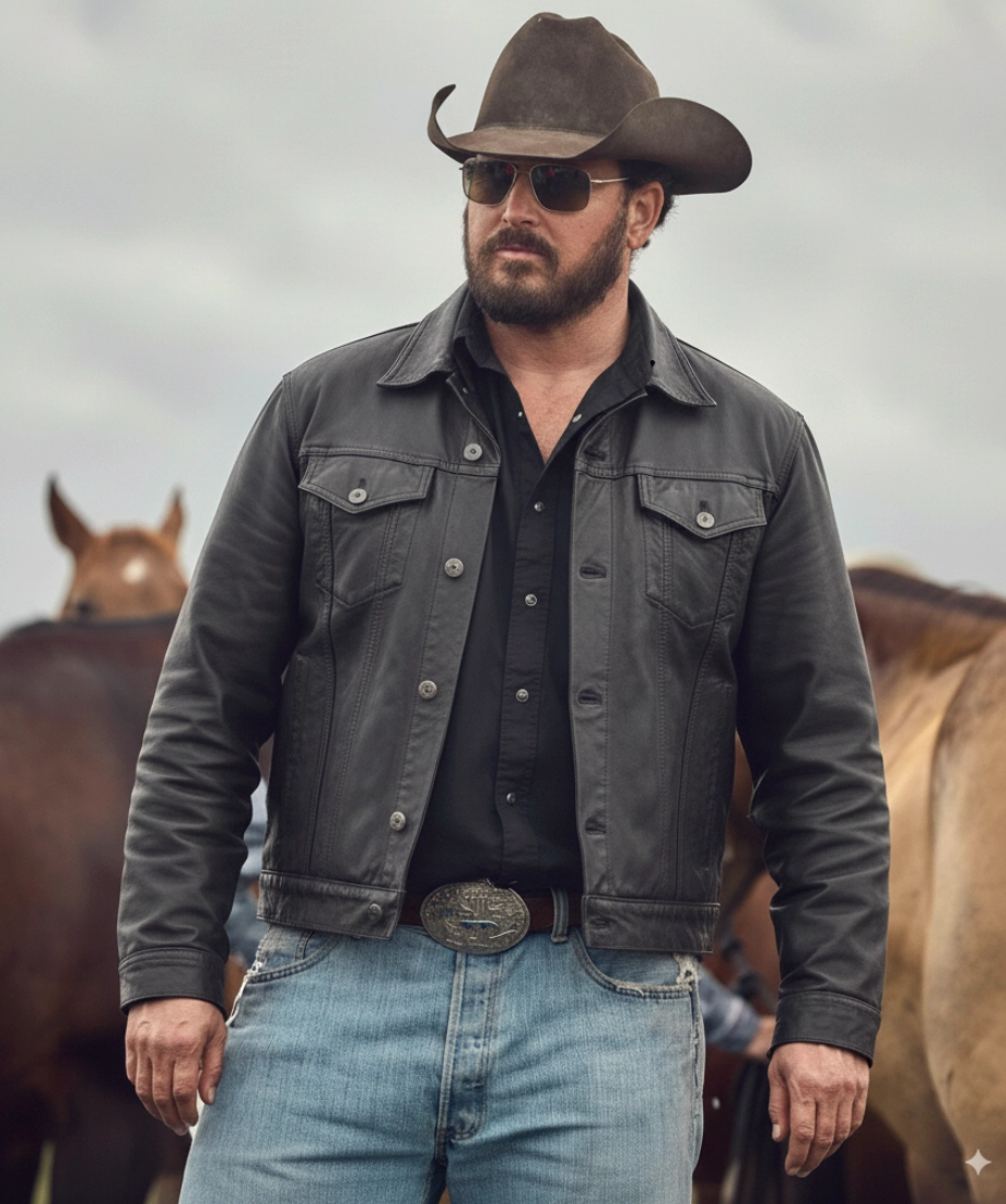 Yellowstone Rip Wheeler Man wearing a cowboy hat, dark jacket, and sunglasses with horses in the background