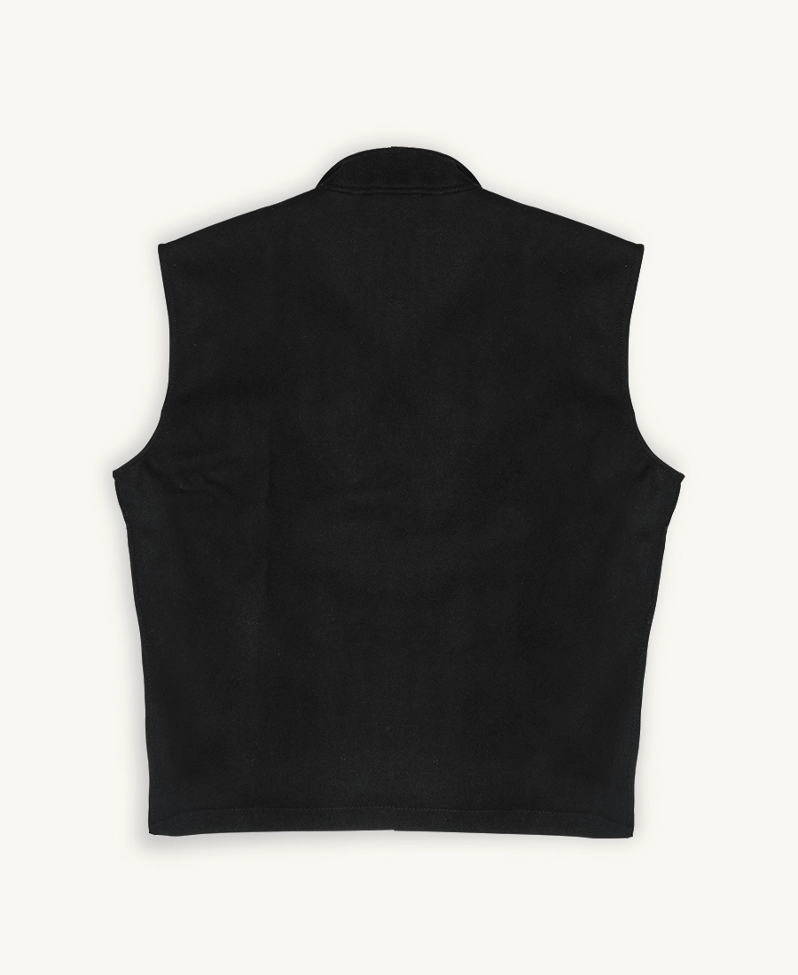 Black wool vest back view on a white background