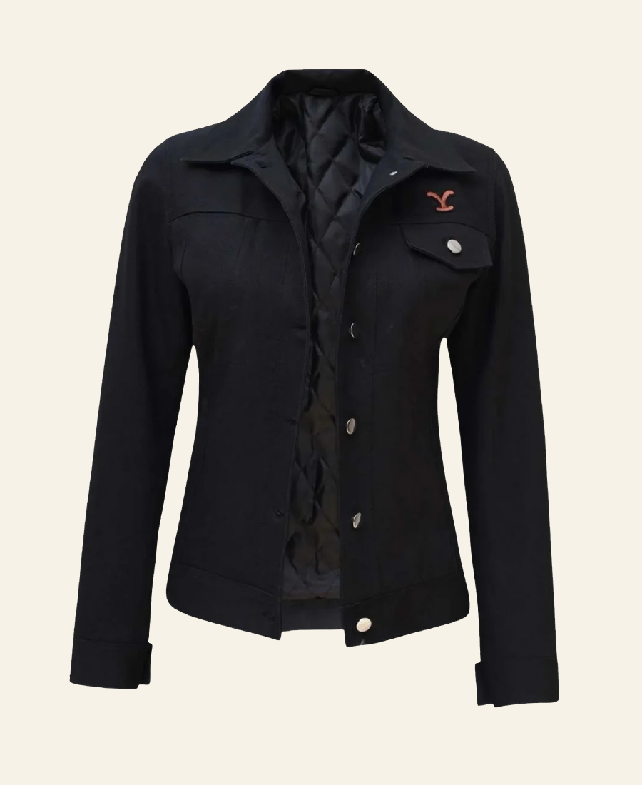 Yellowstone Beth Dutton Black jacket with a Yellowstone logo on a beige background
