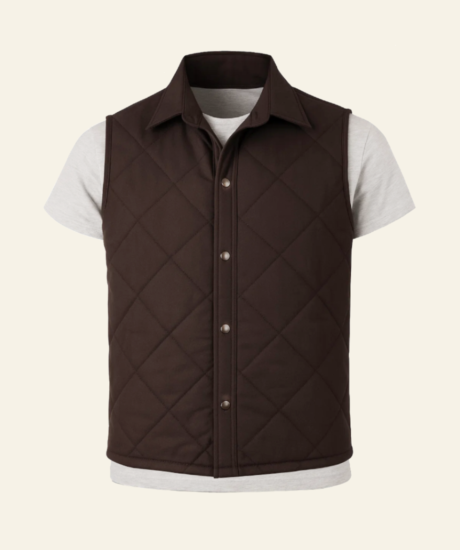 Brown quilted vest over a white shirt john dutton brown quilted vest