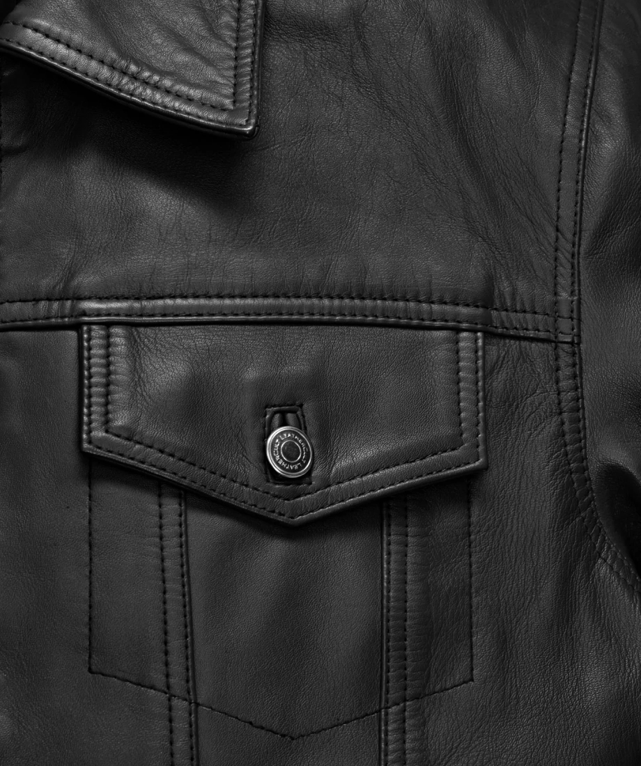 Close-up of a black leather jacket with a button detail